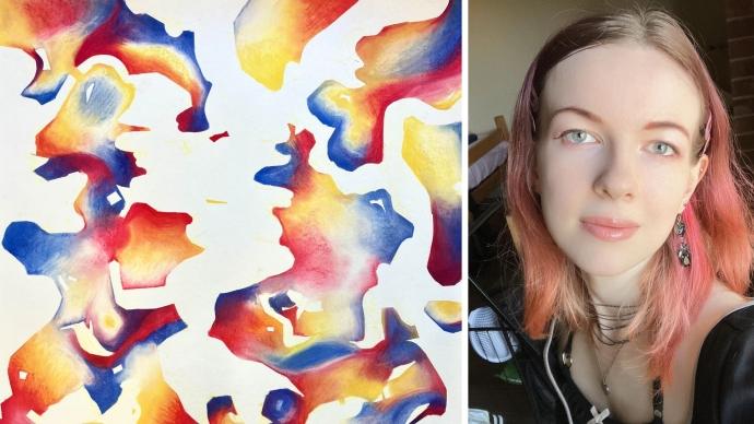 a collage of a headshot of Annika Wyatt (left) and her art (right)