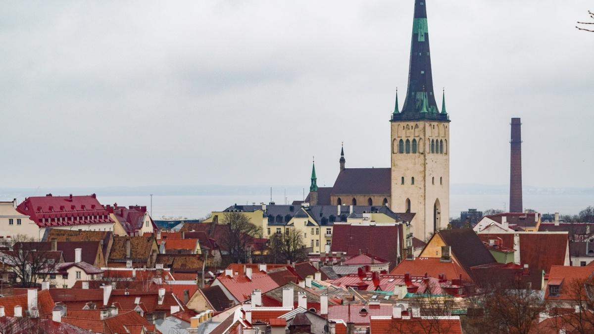 圣乔治大教堂的塔尖. 爱沙尼亚塔林的奥拉夫教堂高耸于城镇建筑之上 