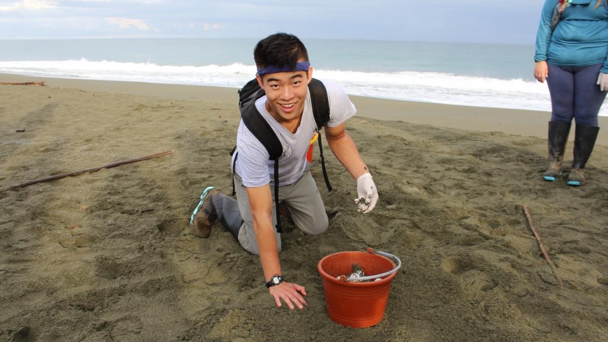 一个人在海滩上把样本收集到一个桶里.